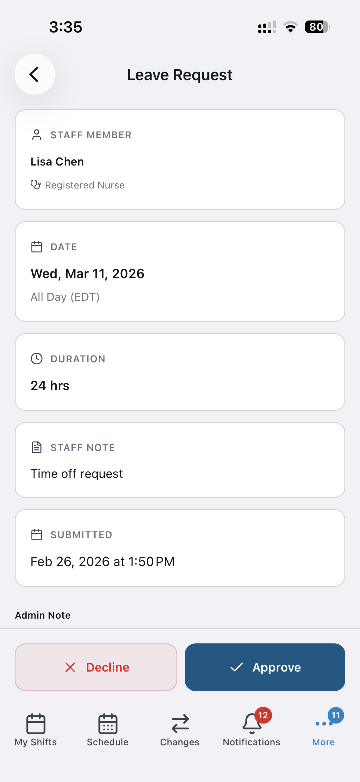 Optimal Shift admin mobile view showing a leave request with approve and decline options