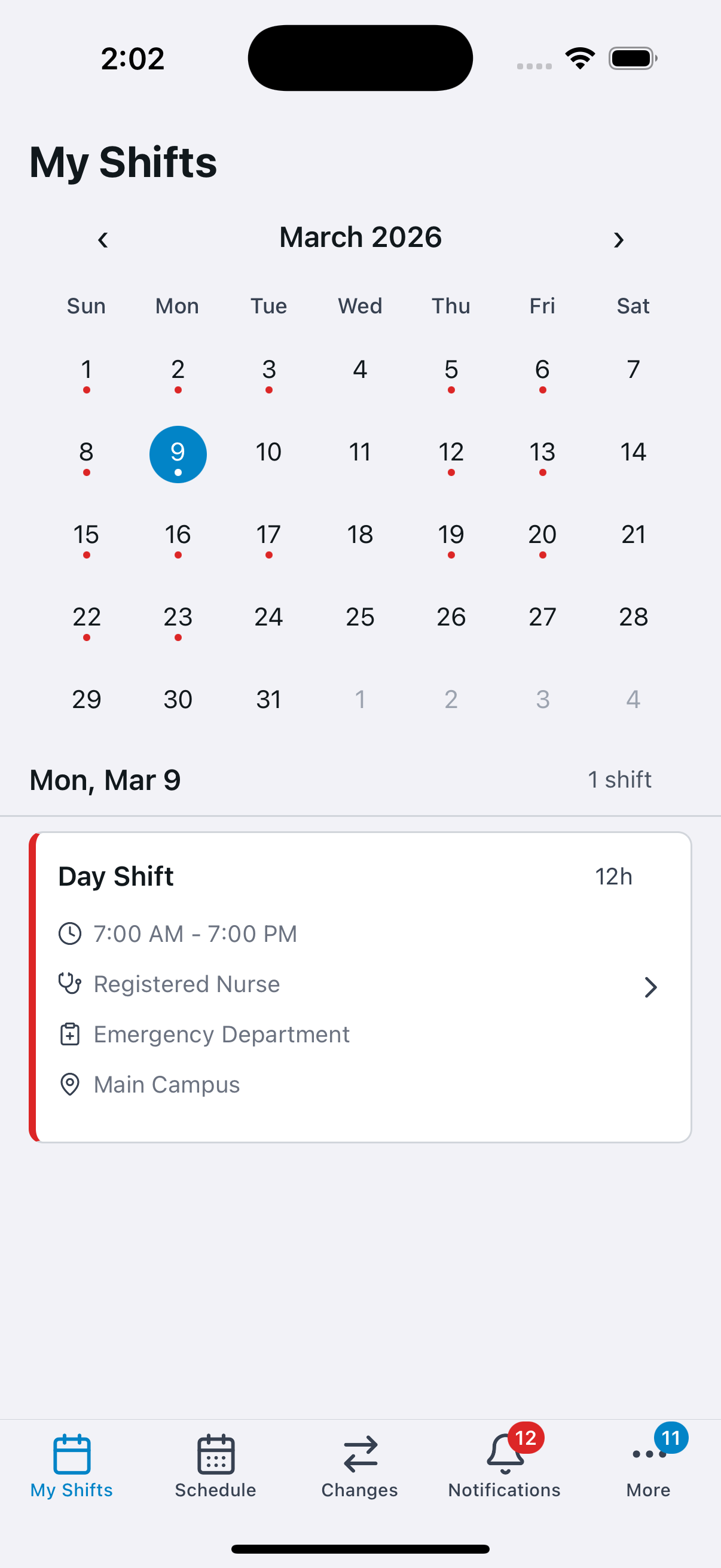 Optimal Shift mobile app showing the My Shifts calendar view