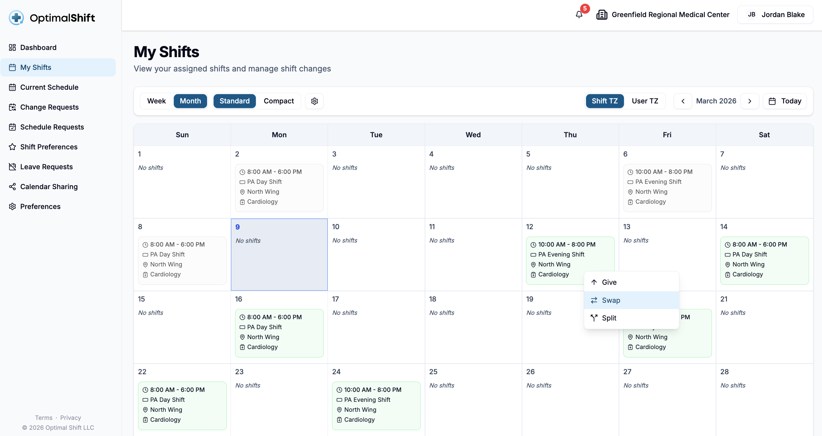 Optimal Shift schedule calendar showing a monthly view of assigned shifts
